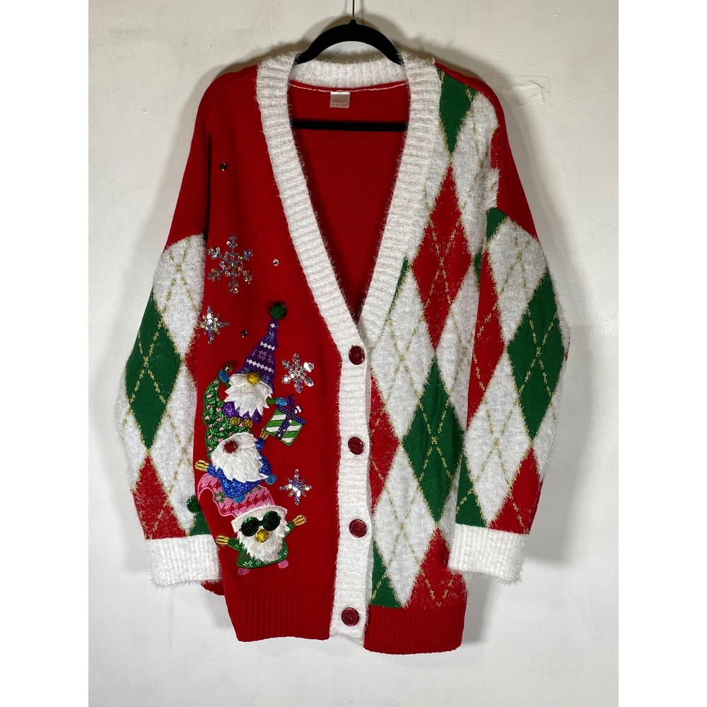 Christmas Gnome Argyle Cardigan Ugly Sweater Sequin Fuzzy Plus 2X Holiday